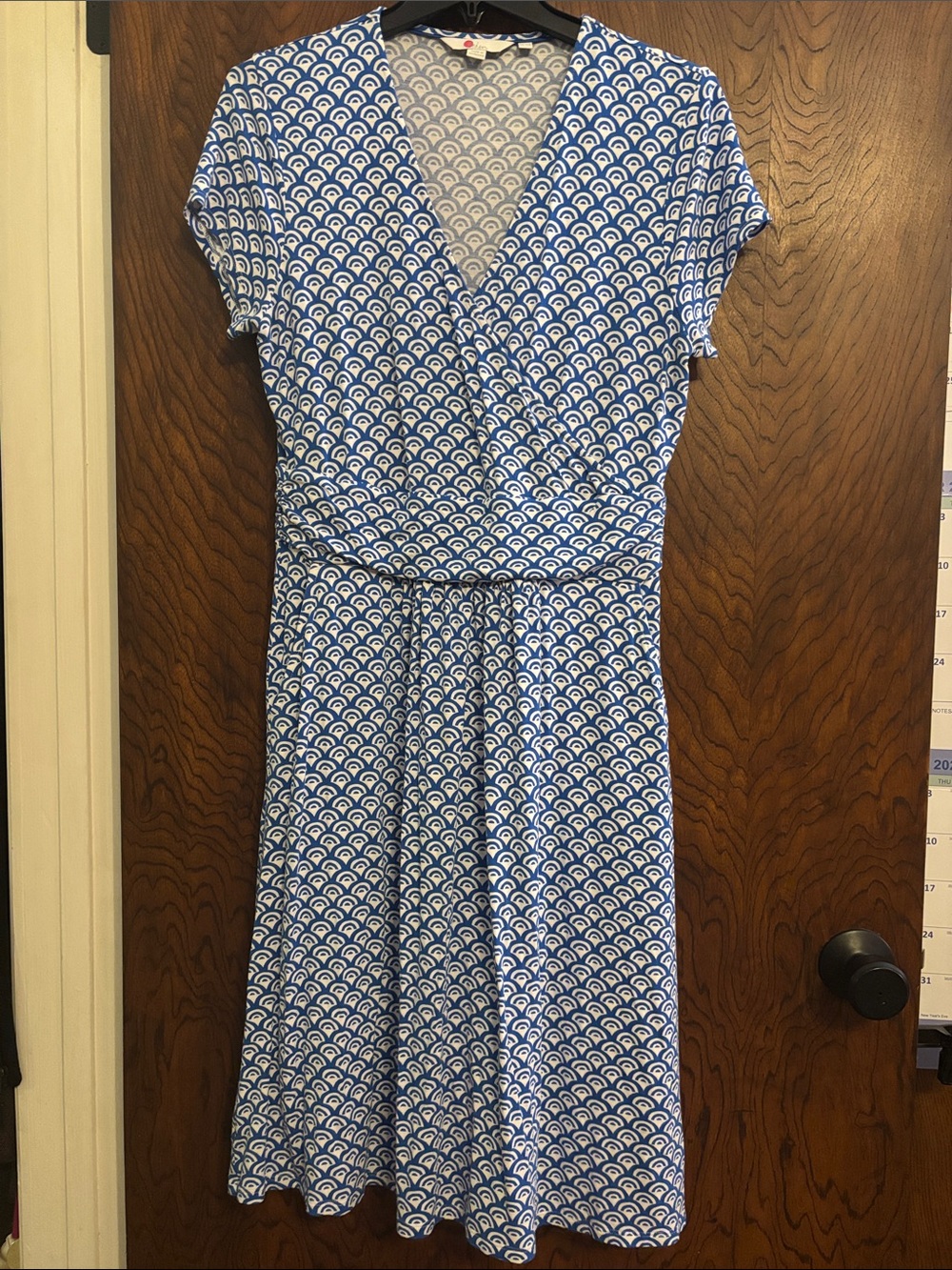 Boden Blue and White Geometric Wrap-Style Midi Dress
